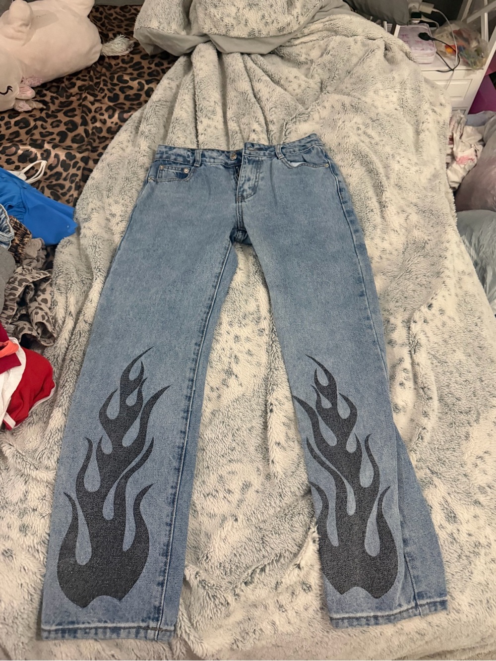 Adika Light Blue Straight-Leg Jeans with Black Flame Print